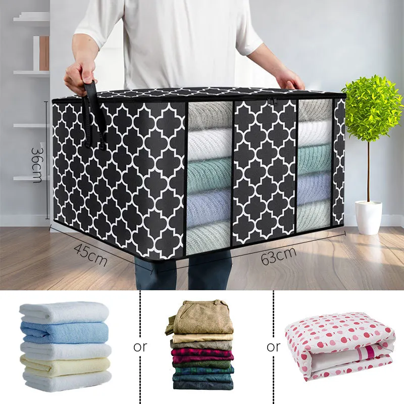 Foldable Organizer Storage Bags with Double Clear Window Carry Handles for Blanket Comforter Bedding Black big image 1