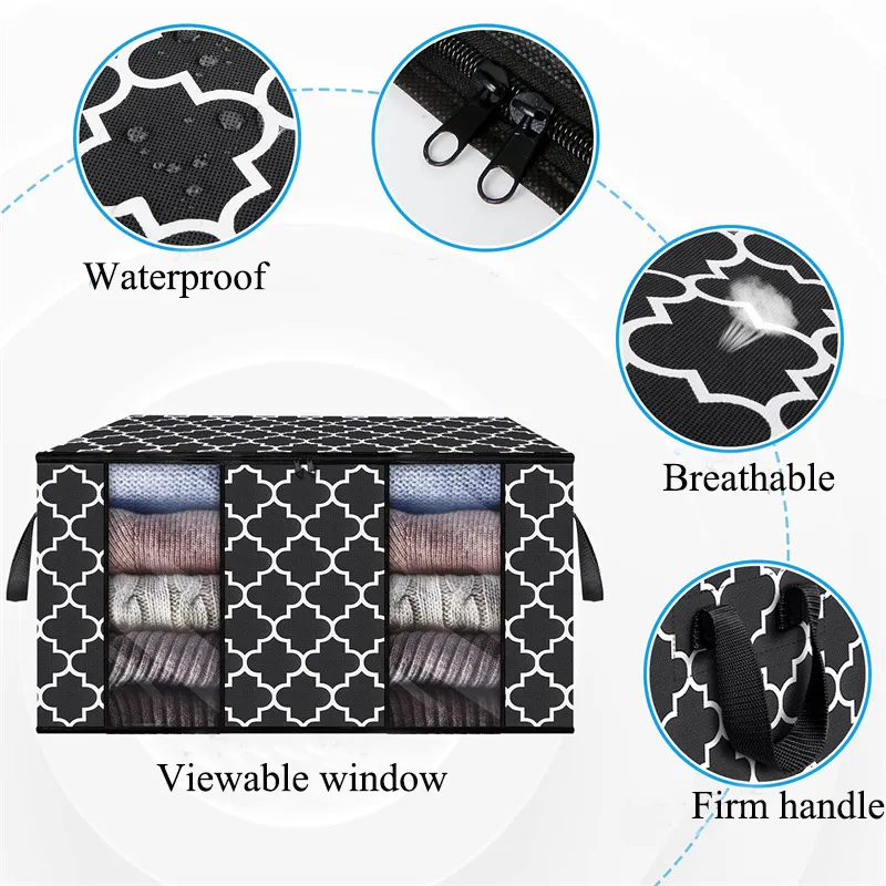 Bolsas de almacenamiento organizadoras plegables con asas de transporte de doble ventana transparente para ropa de cama de edredón de manta Negro big image 1
