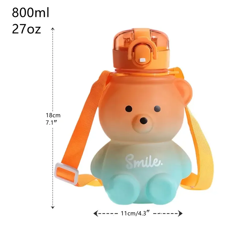 Cute Bear Water Bottle With Straw, 27oz Cute Water Bottle with Shoulder Straps No Leak Large Cute Kids Water Bottles Color-A