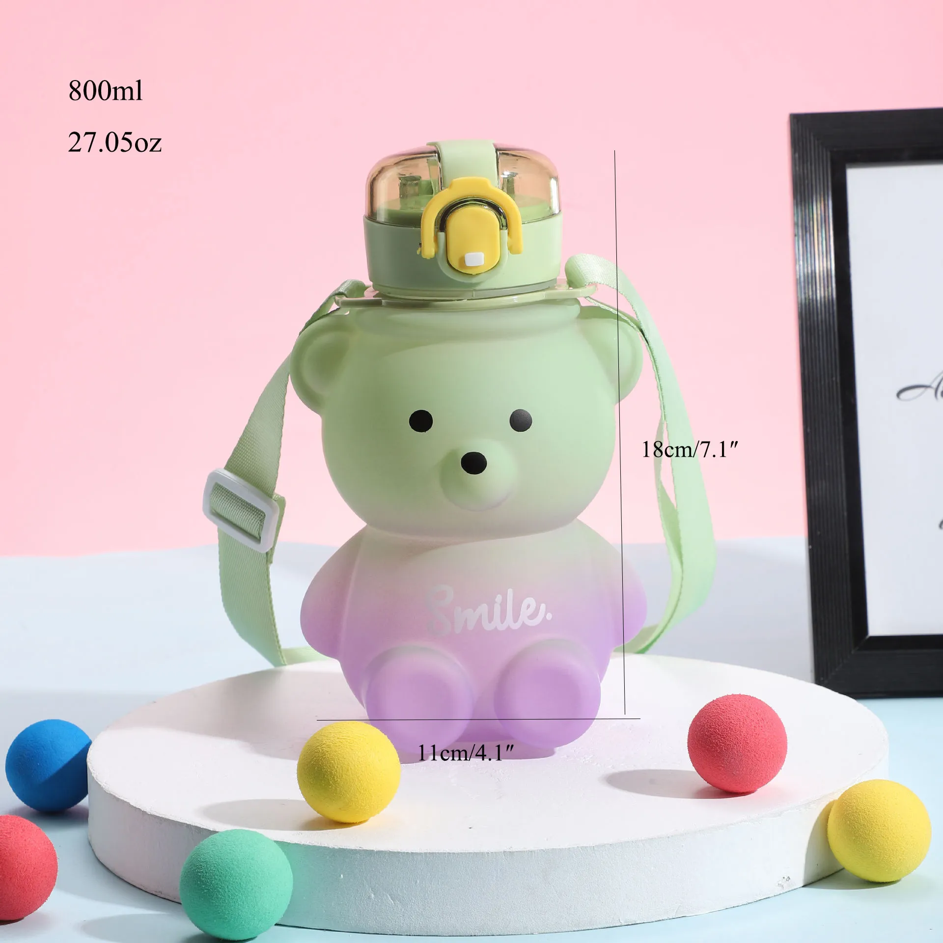 Cute Bear Water Bottle With Straw, 27oz Cute Water Bottle with Shoulder Straps No Leak Large Cute Kids Water Bottles Color-C