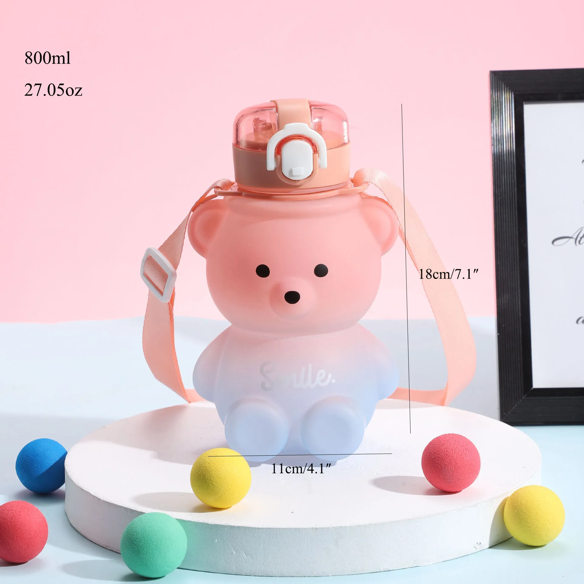 Cute Bear Water Bottle With Straw, 27oz Cute Water Bottle with Shoulder Straps No Leak Large Cute Kids Water Bottles Color-D big image 1