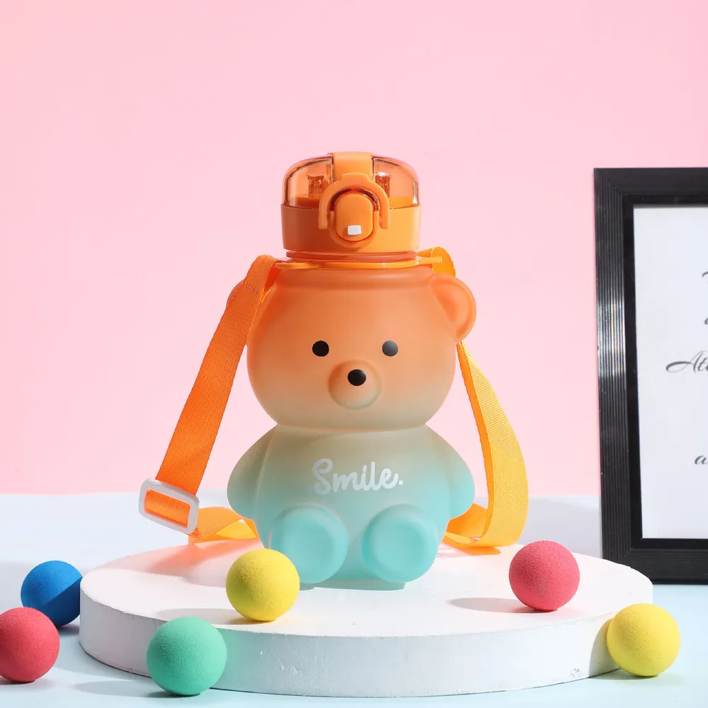 Cute Bear Water Bottle With Straw, 27oz Cute Water Bottle with Shoulder Straps No Leak Large Cute Kids Water Bottles big image 3