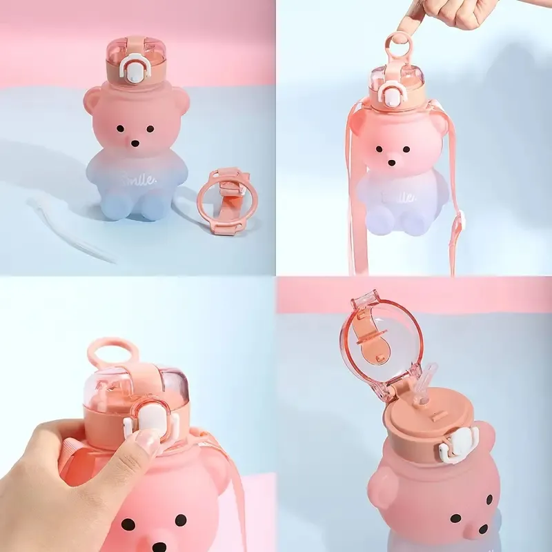 Cute Bear Water Bottle With Straw, 27oz Cute Water Bottle with Shoulder Straps No Leak Large Cute Kids Water Bottles Color-D image 3