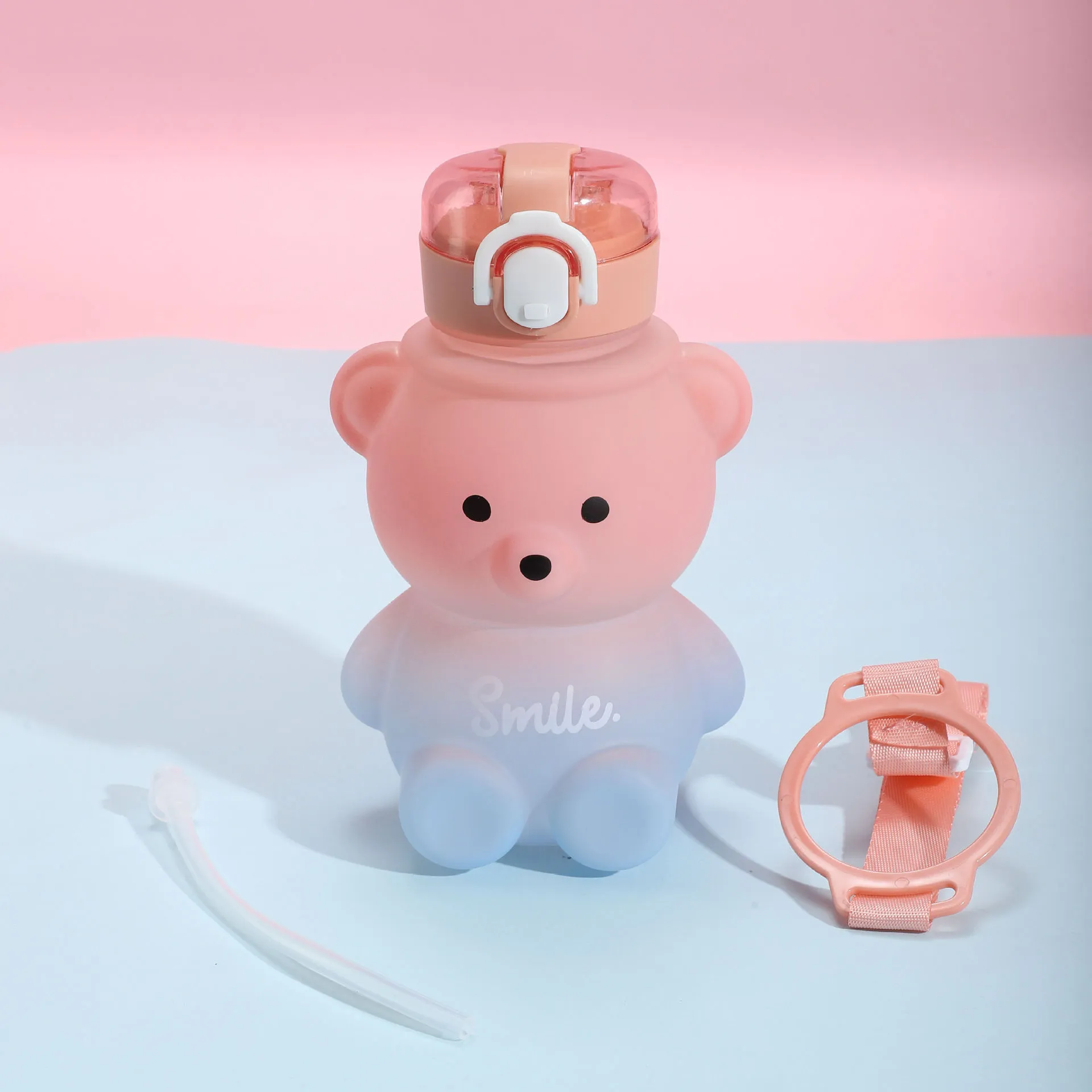 Cute Bear Water Bottle With Straw, 27oz Cute Water Bottle with Shoulder Straps No Leak Large Cute Kids Water Bottles Color-D image 5