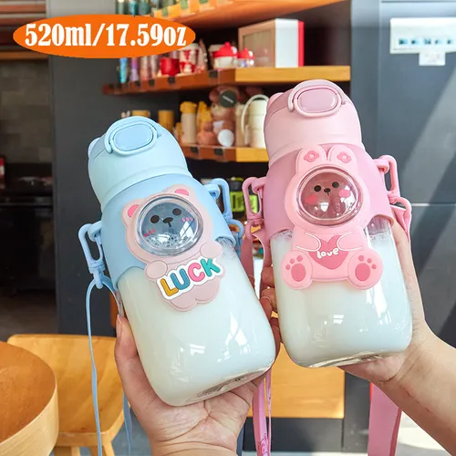 Animal Cartoon Rabbit Water Bottle with Straw -Detachable Strap Cute Creative Portable Kettle Cups for Camping Hiking Traveling Sporting School, Daily Drinking Bottle for Students