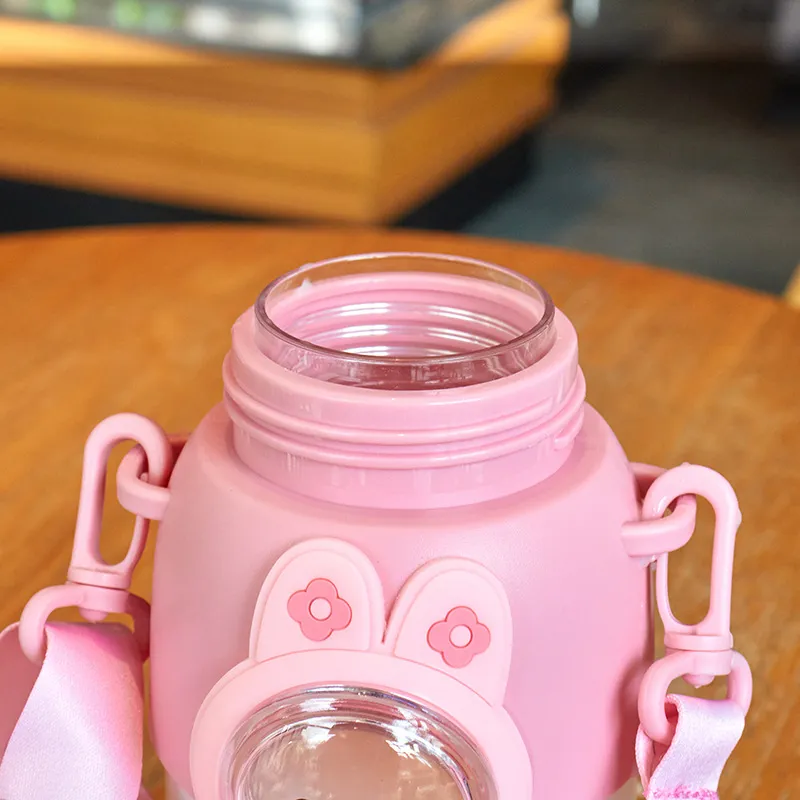 Animal Cartoon Rabbit Water Bottle with Straw -Detachable Strap Cute Creative Portable Kettle Cups for Camping Hiking Traveling Sporting School, Daily Drinking Bottle for Students big image 3