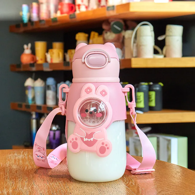 Animal Cartoon Rabbit Water Bottle with Straw -Detachable Strap Cute Creative Portable Kettle Cups for Camping Hiking Traveling Sporting School, Daily Drinking Bottle for Students big image 4