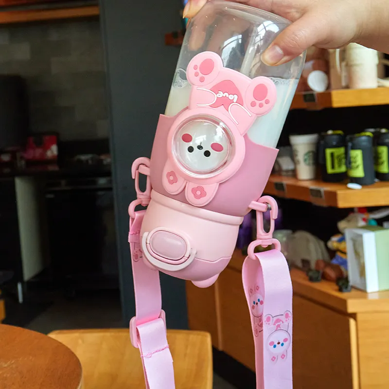 Animal Cartoon Rabbit Water Bottle with Straw -Detachable Strap Cute Creative Portable Kettle Cups for Camping Hiking Traveling Sporting School, Daily Drinking Bottle for Students big image 5