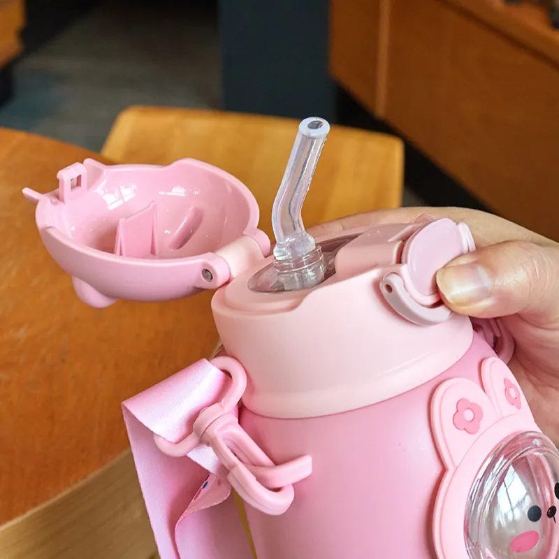 Animal Cartoon Rabbit Water Bottle with Straw -Detachable Strap Cute Creative Portable Kettle Cups for Camping Hiking Traveling Sporting School, Daily Drinking Bottle for Students big image 7