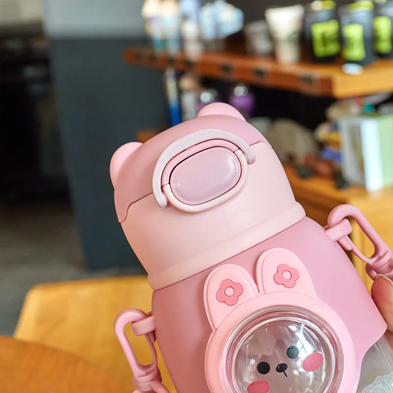 Animal Cartoon Rabbit Water Bottle with Straw -Detachable Strap Cute Creative Portable Kettle Cups for Camping Hiking Traveling Sporting School, Daily Drinking Bottle for Students big image 9