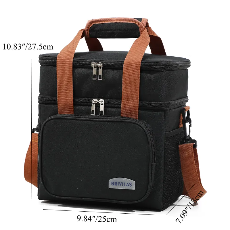 Insulated Lunch Bag for Women Men, Freezable Large Lunch Bag Reusable Leakproof Lunch Box Cooler Tote Bag for Work Picnic or Travel, Double Compartment, Gray Black