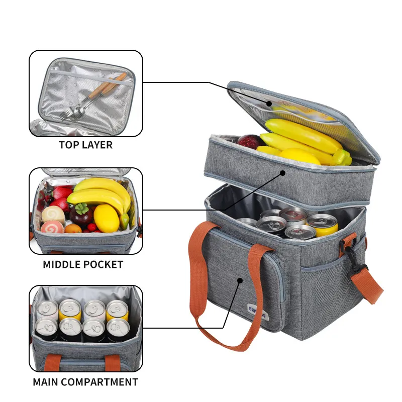 Insulated Lunch Bag for Women Men, Freezable Large Lunch Bag Reusable Leakproof Lunch Box Cooler Tote Bag for Work Picnic or Travel, Double Compartment, Gray Grey image 2