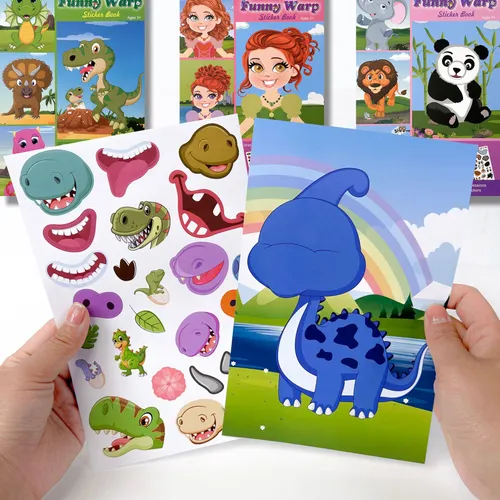9pcs Cartoon Stickers for Kids Crafts, Dinosaur Elephant Panda Face Changing Princess Dress Up Sticker 