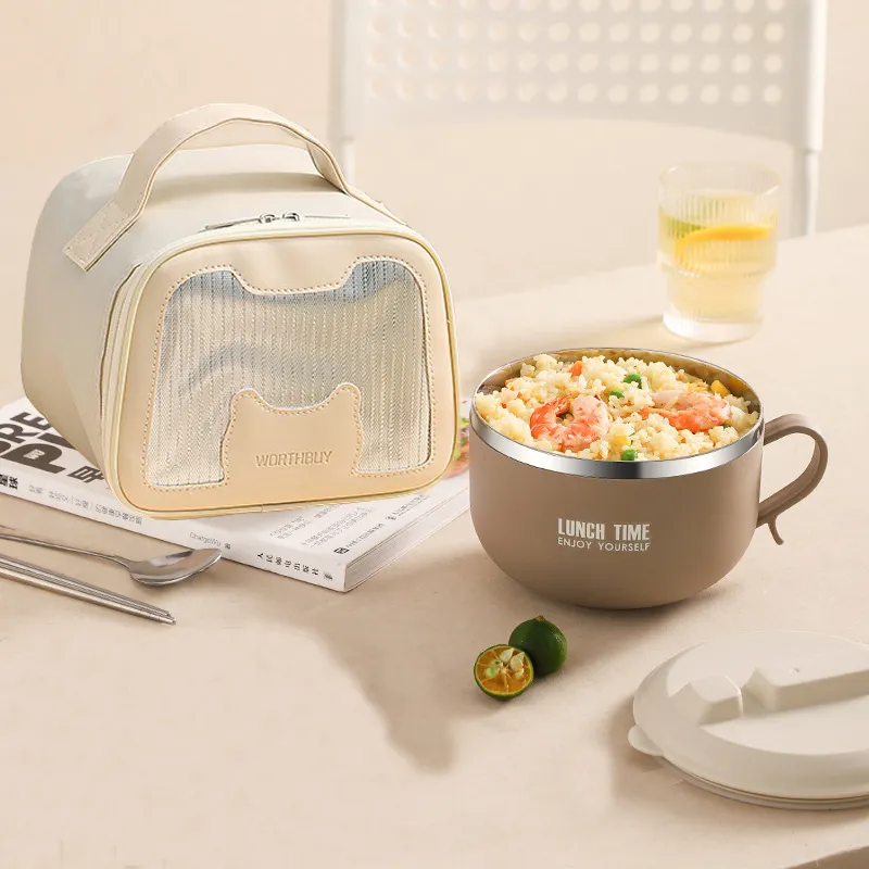 Instant Noodle Bowl With Lid, 850ml 304 Thermal Stainless Steel Bento Lunch Box With Handle Food Container (with Insulated Bag and Cutlery) Khaki image 2
