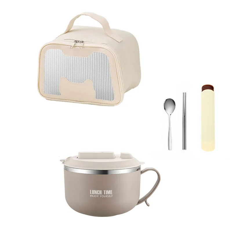 Instant Noodle Bowl With Lid, 850ml 304 Thermal Stainless Steel Bento Lunch Box With Handle Food Container (with Insulated Bag and Cutlery) Khaki big image 1