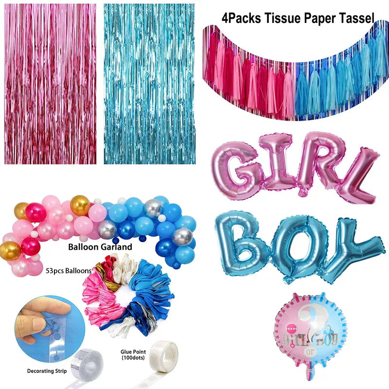 

64 Pieces Gender Reveal Decorations Party Supplies, Boy or Girl Balloons, Fringe Curtain, Gender Reveal Party Baby Photo Backdrop (Blue and Pink Serie
