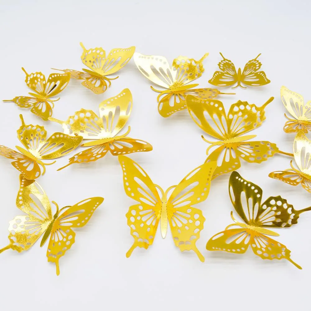 Pack of 12 Creative 3D Hollow-out Butterfly Metallic Stickers for Wall Decoration Gold big image 1