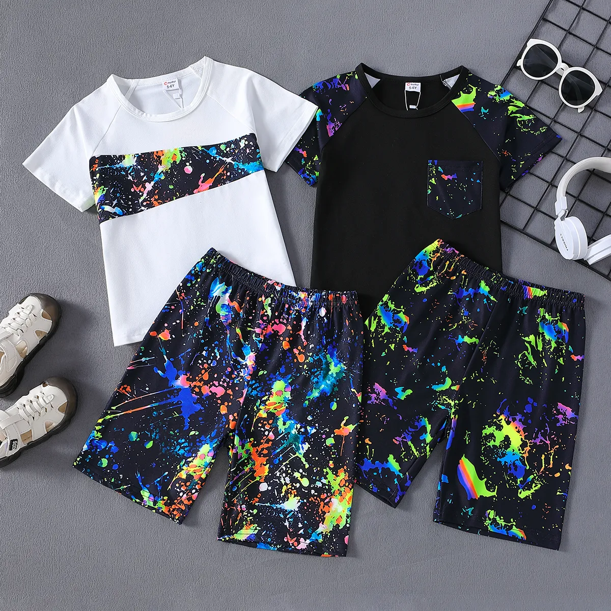 2pcs Kid Boy Luminous Painting Print Pocket Design Short-sleeve Tee and Shorts Set Black image 2