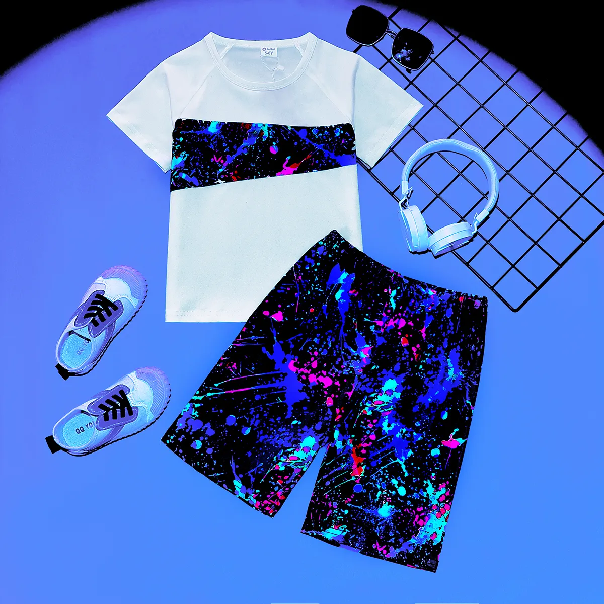 2pcs Kid Boy Luminous Painting Print Pocket Design Short-sleeve Tee and Shorts Set Colorful
