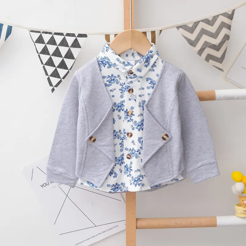 2pcs Baby Boy 95% Cotton Long-sleeve Faux-two Floral Print Top and Pants Set  image 2