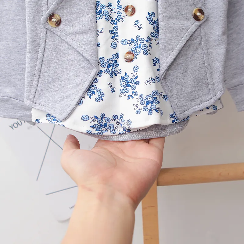 2pcs Baby Boy 95% Cotton Long-sleeve Faux-two Floral Print Top and Pants Set Light Grey big image 1