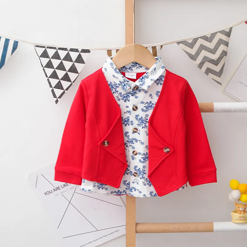 2pcs Baby Boy 95% Cotton Long-sleeve Faux-two Floral Print Top and Pants Set  image 2