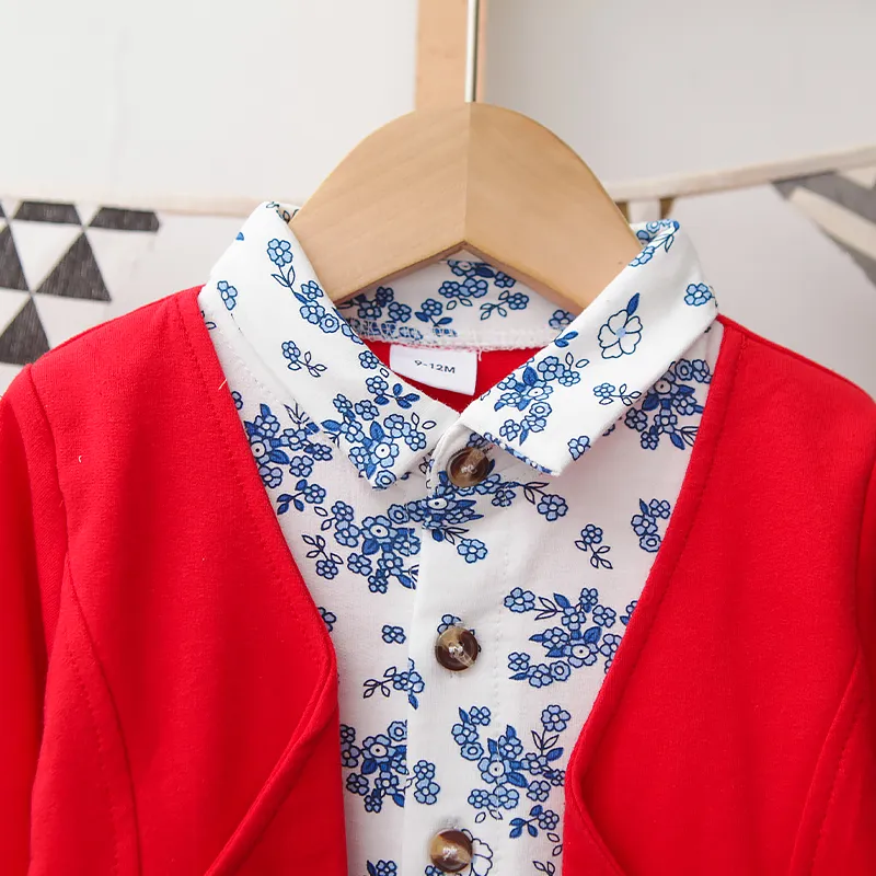 2pcs Baby Boy 95% Cotton Long-sleeve Faux-two Floral Print Top and Pants Set  image 3