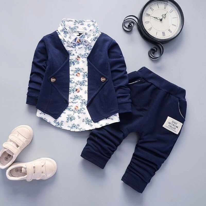 

2pcs Baby Boy 95% Cotton Long-sleeve Floral Print Faux-two Top & Pants Set