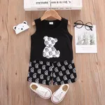 2pcs Baby Boy 95% Cotton Cartoon Bear Print Sleeveless Tank Top and Shorts Set Black