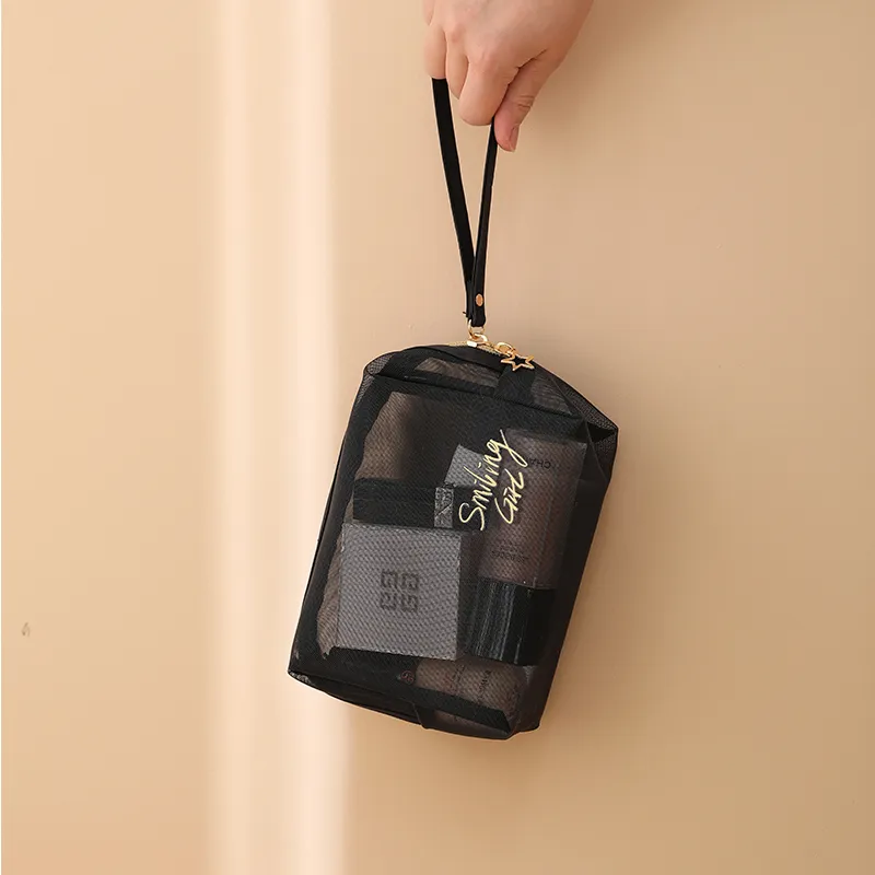 bolsa de maquiagem de malha preta bolsa de cosméticos com zíper de malha de grande capacidade bolsa organizadora de viagens de praia Preto big image 1