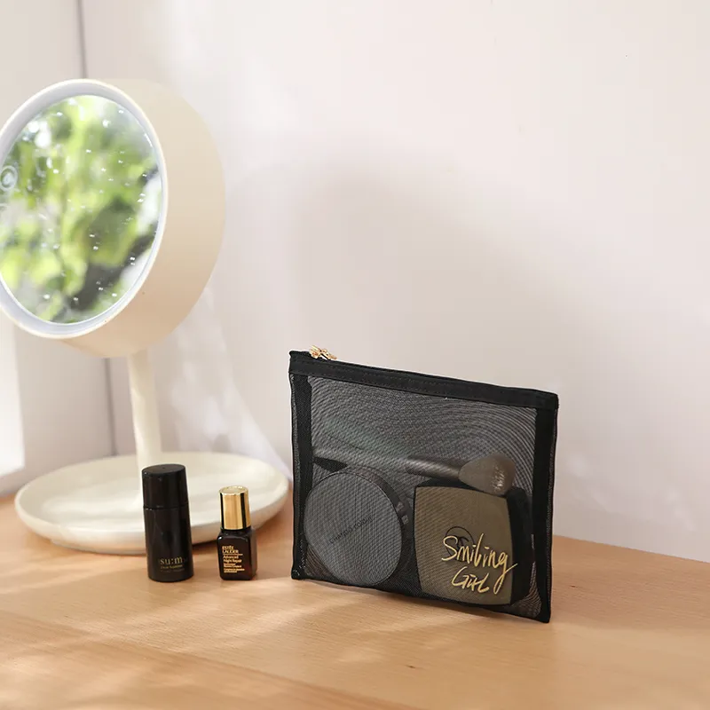 Black Mesh Makeup Bag Large Capacity Mesh Zipper Cosmetic Bag Beach Travel Organizer Bag Black image 6