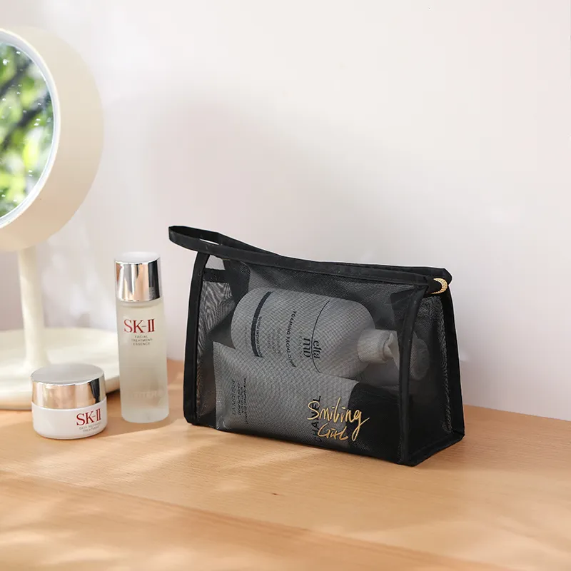 Black Mesh Makeup Bag Large Capacity Mesh Zipper Cosmetic Bag Beach Travel Organizer Bag Black image 4
