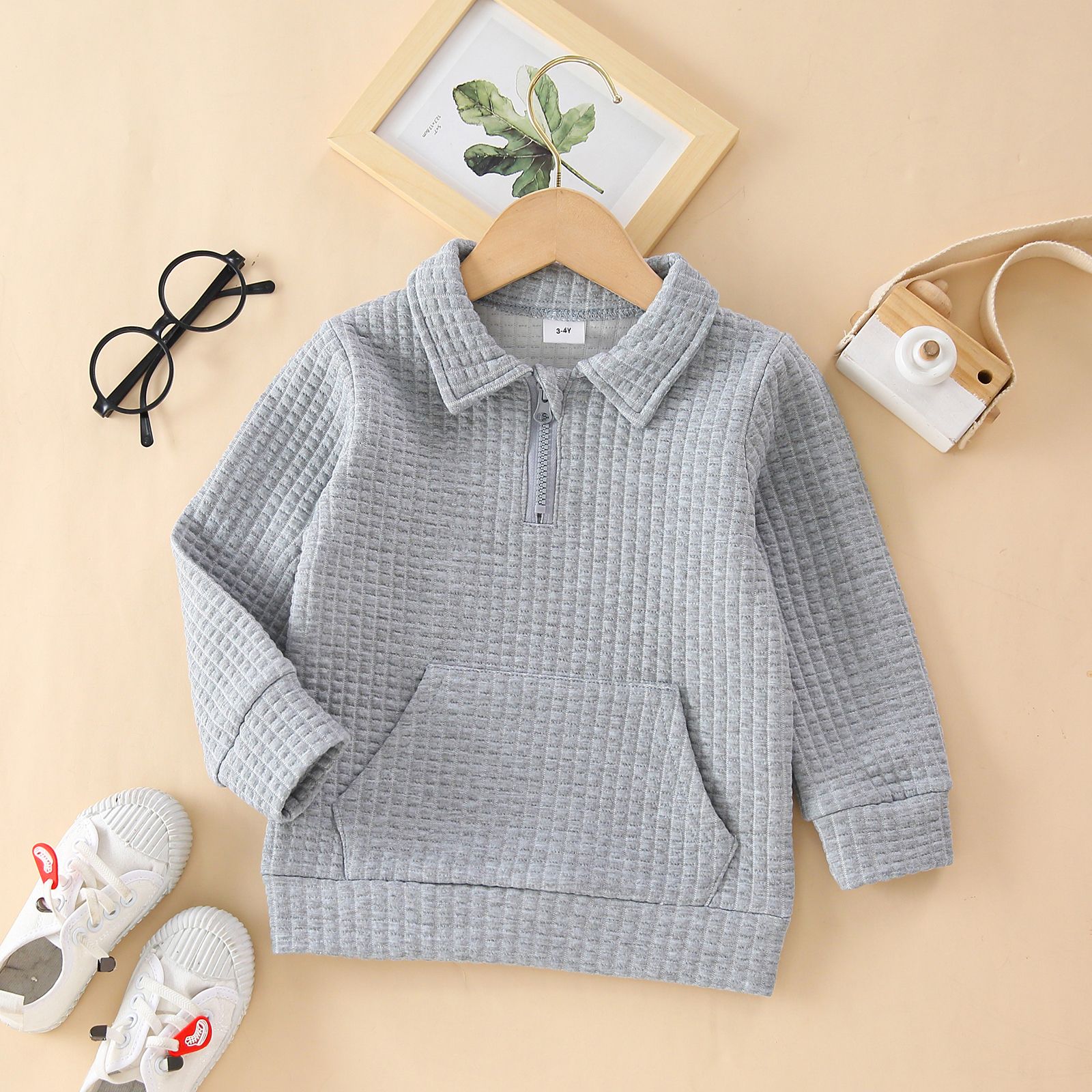 Toddler Girl/Boy Waffle Textured Zipper Solid Sweatshirt