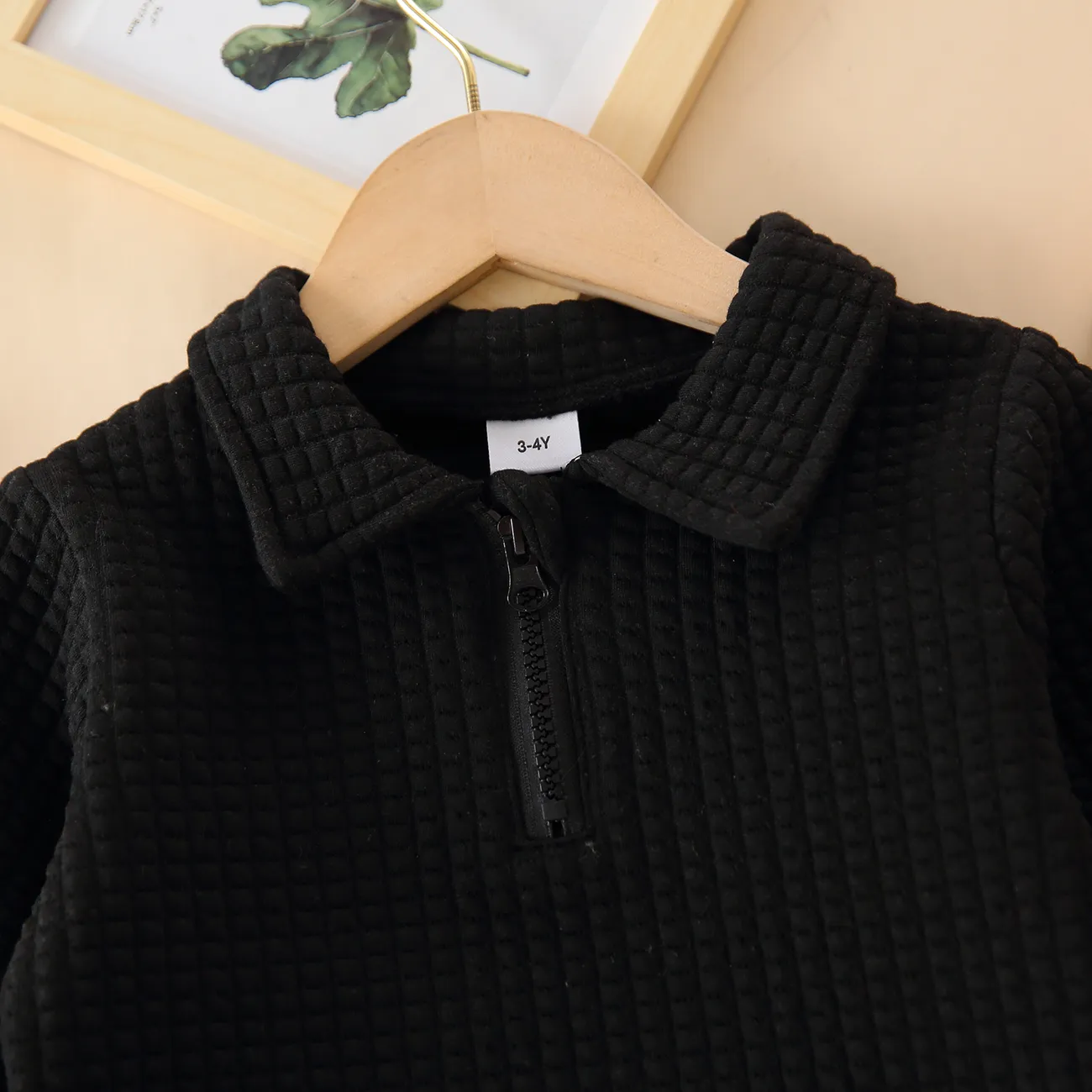 Toddler Girl/Boy Waffle Textured Zipper Solid Sweatshirt Black big image 1