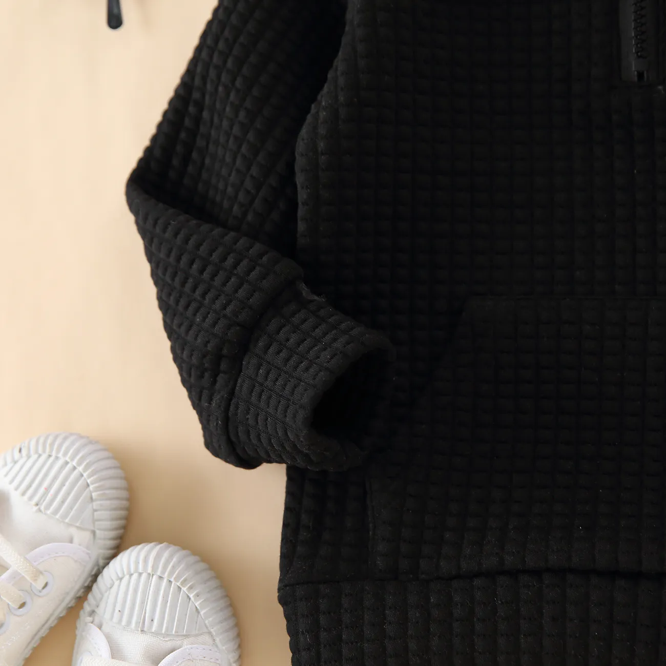 Toddler Girl/Boy Waffle Textured Zipper Solid Sweatshirt Black big image 1
