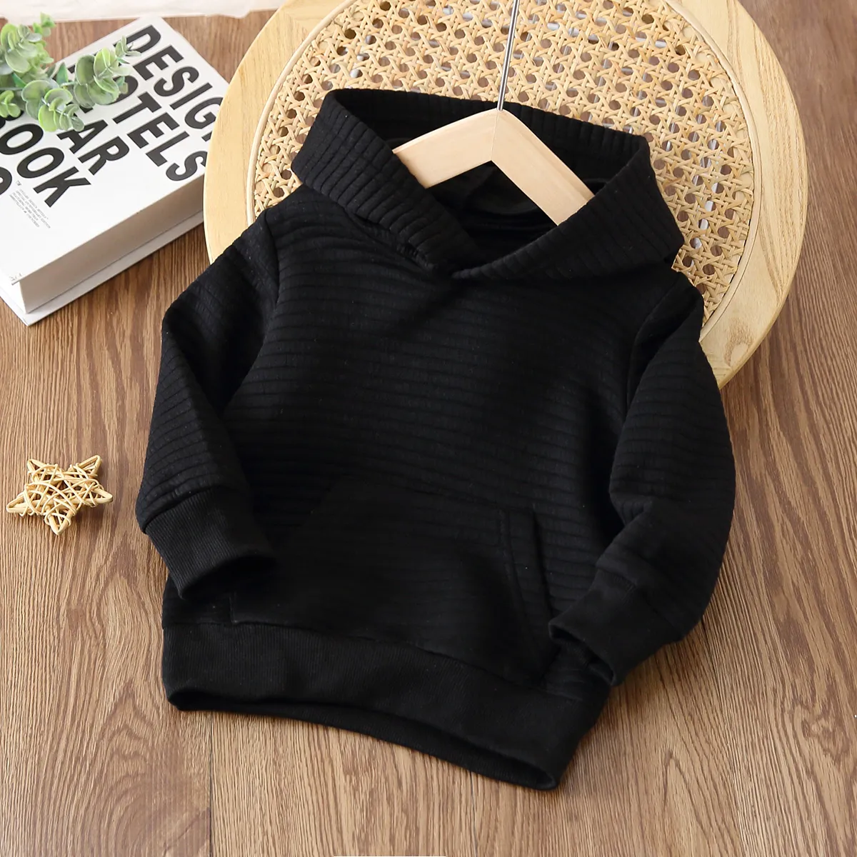 Toddler Boy/Girl Solid Color Textured Hoodie Sweatshirt Black big image 1