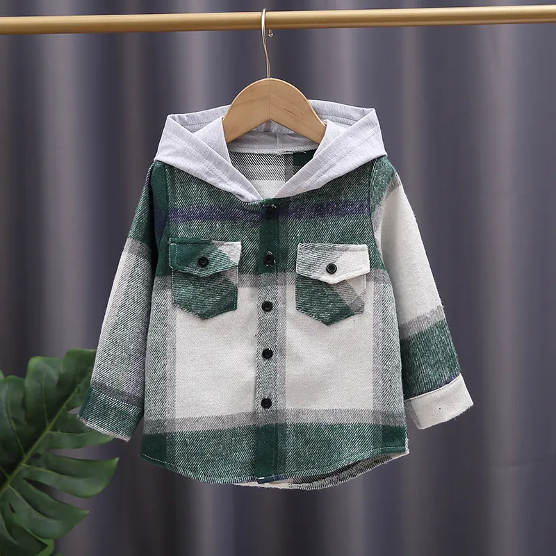 Toddler Girl/Boy 100% Cotton Button Design Plaid Hooded Jacket Green big image 1