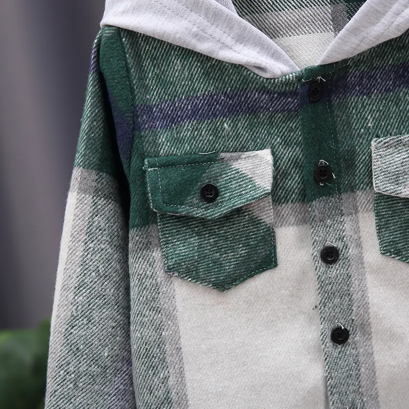jaqueta xadrez com capuz 100% algodão com design de botão de algodão para bebês menina / menino Verde big image 1