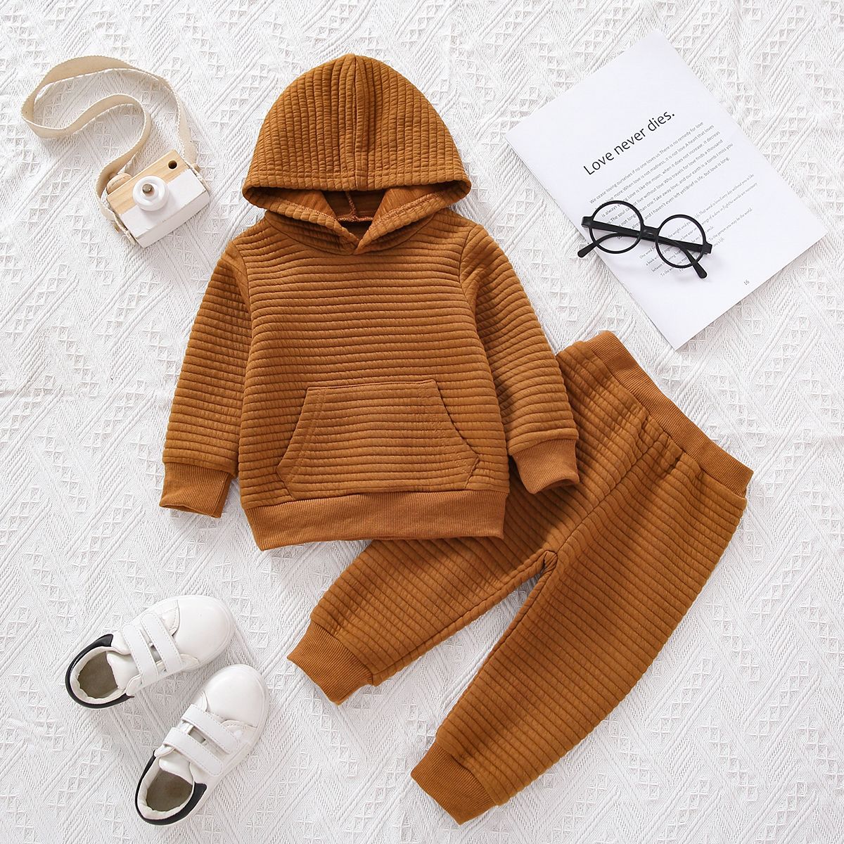2pcs Baby Boy/Girl Solid Thickened Textured Long-sleeve Hoodie and Trousers Set