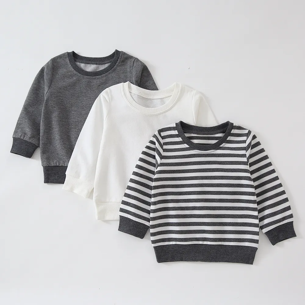 Baby Boy/Girl Solid/Striped Crewneck Long-sleeve Pullover Sweatshirt  big image 2