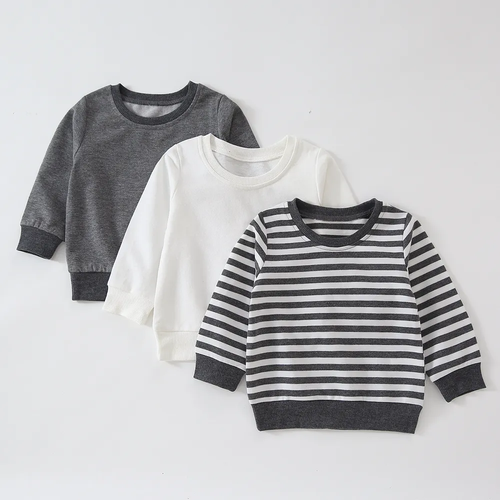 Baby Boy/Girl Solid/Striped Crewneck Long-sleeve Pullover Sweatshirt big image 2