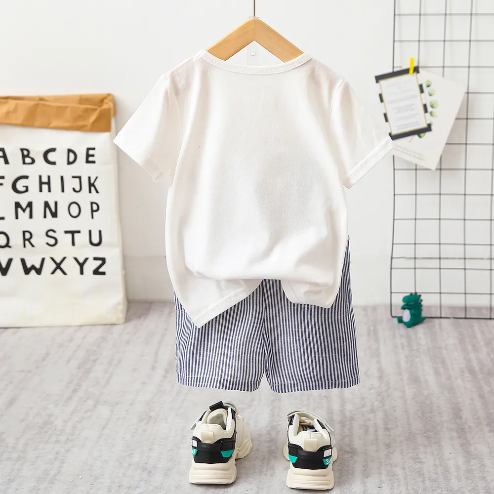 2pcs Baby Boy Cartoon Dinosaur Print Short-sleeve T-shirt and Pinstriped Shorts Set big image 1