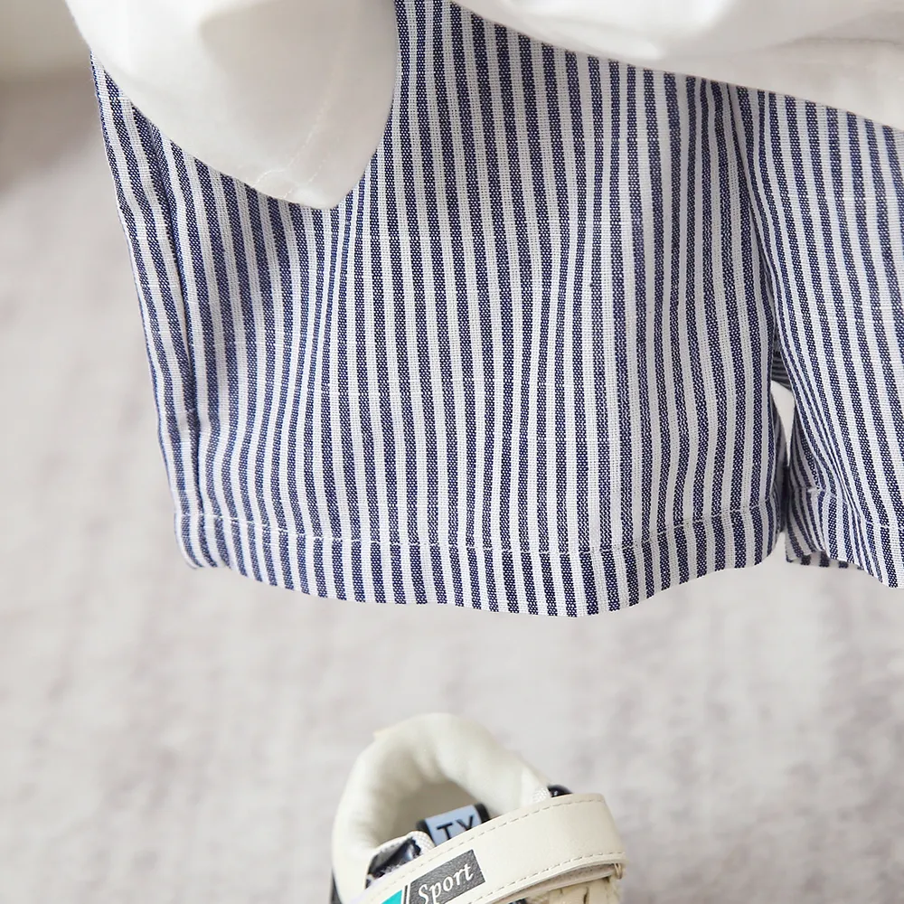 2pcs Baby Boy Cartoon Dinosaur Print Short-sleeve T-shirt and Pinstriped Shorts Set big image 2