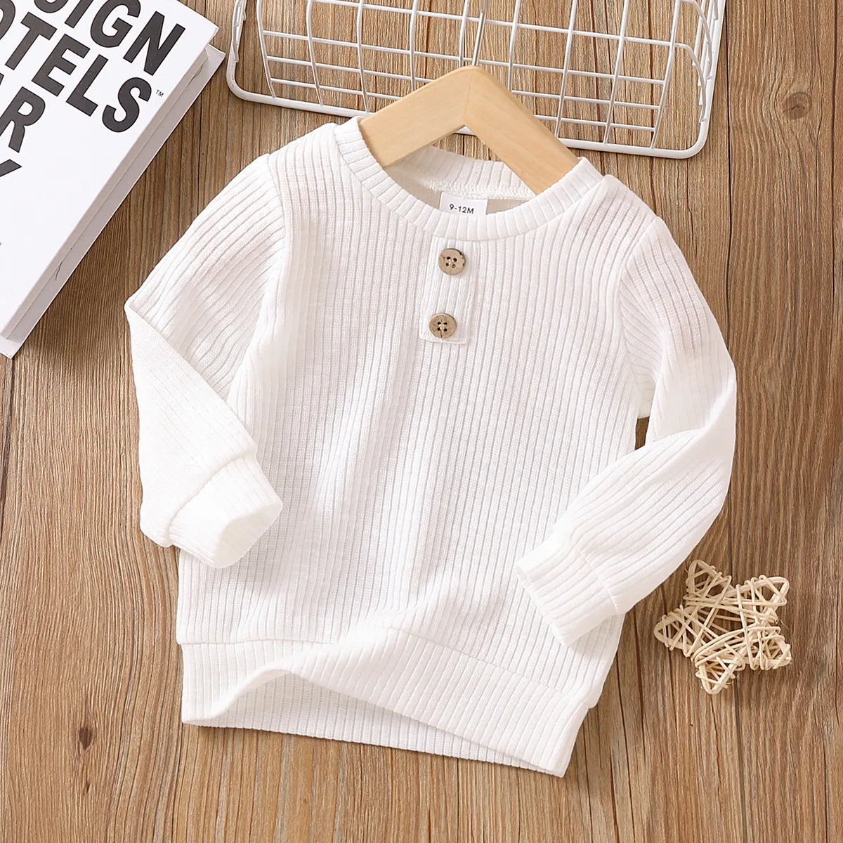 Baby Boy/Girl Button Design Solid Ribbed Knitted Long-sleeve Pullover Top White big image 1