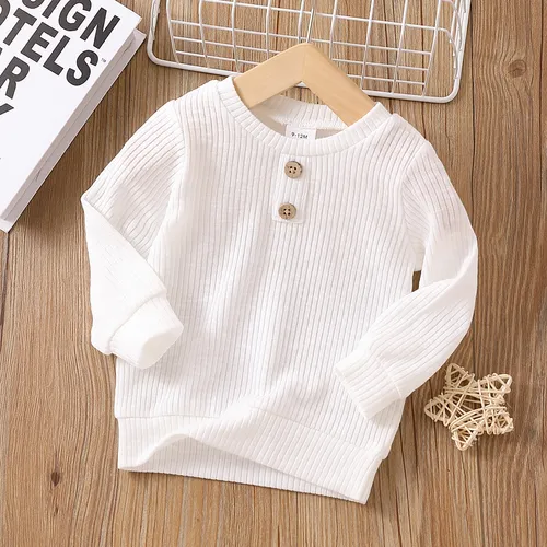 Baby Boy/Girl Button Design Solid Ribbed Knitted Long-sleeve Pullover Top