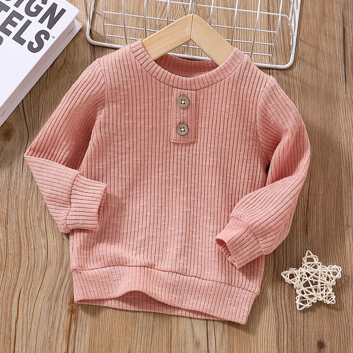 Baby Boy/Girl Button Design Solid Ribbed Knitted Long-sleeve Pullover Top Pink