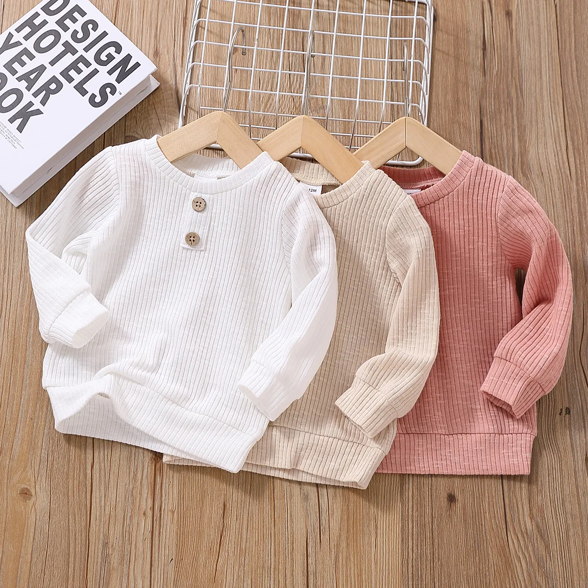Baby Boy/Girl Button Design Solid Ribbed Knitted Long-sleeve Pullover Top
