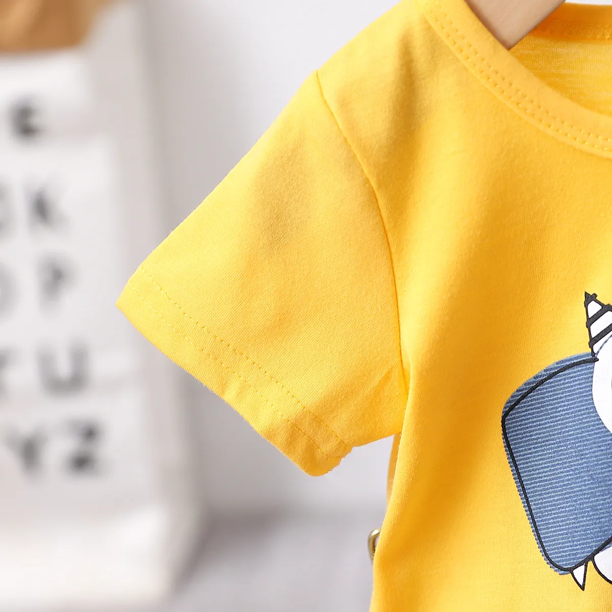 2pcs Toddler Boy Playful Dinosaur Print Tee & Stripe Shorts Set Yellow big image 1
