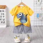 2pcs Baby Boy Cartoon Dinosaur Print Short-sleeve T-shirt and Pinstriped Shorts Set Yellow