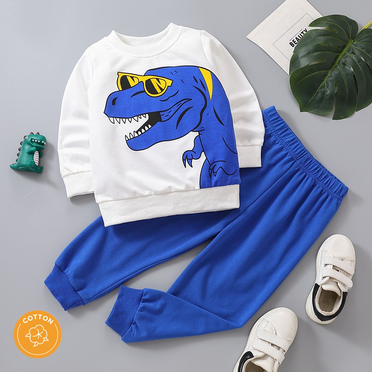 

2pcs Toddler Boy 100% Cotton Animal Dinosaur Print Sweatshirt and Blue Pants Set